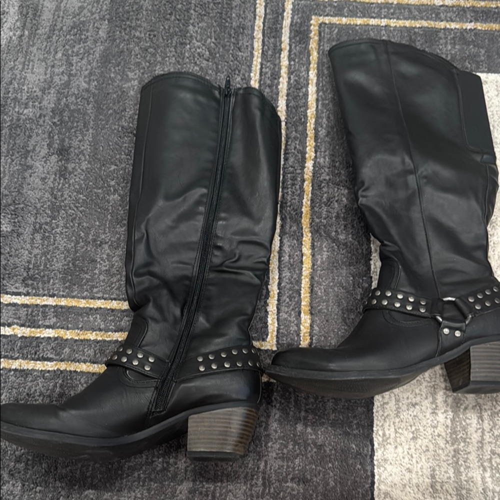 Ruff Hewn Black Heeled Boots with Studded Strap. 18” tall